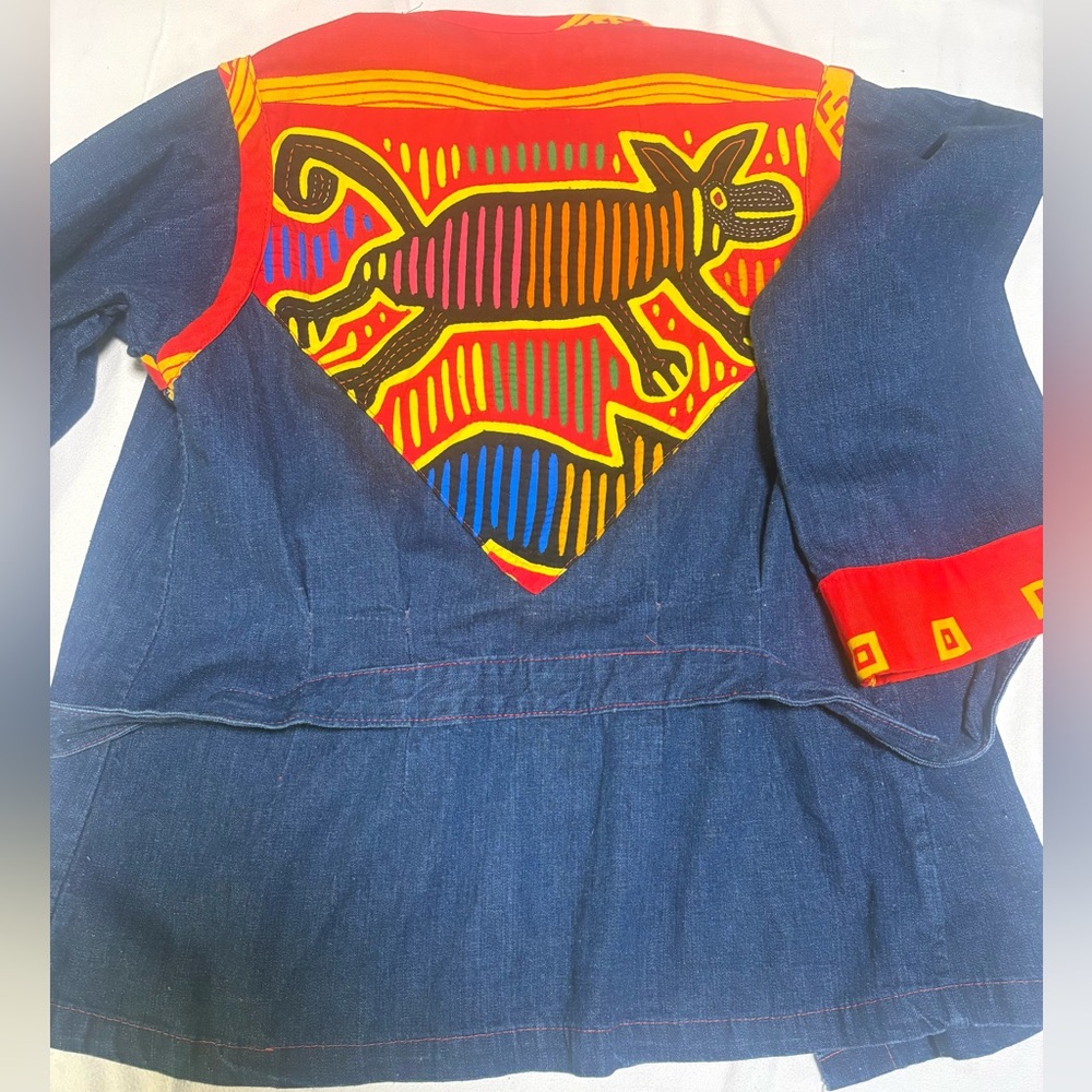 Vintage appliqué Denim Jacket with Red & Yellow Trim